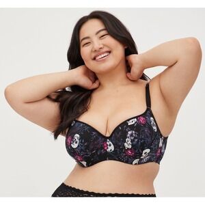 TORRID CURVE Sz 44DDD 360‎ Bra Underwire T Shirt Skulls & Roses Goth Black/Multi